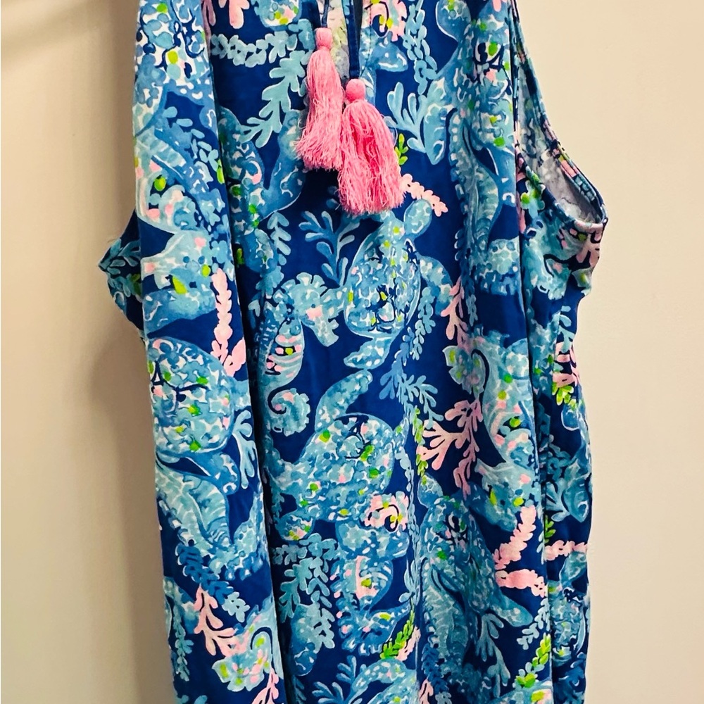 Blue and Pink Sleeveless Dress with Tassels